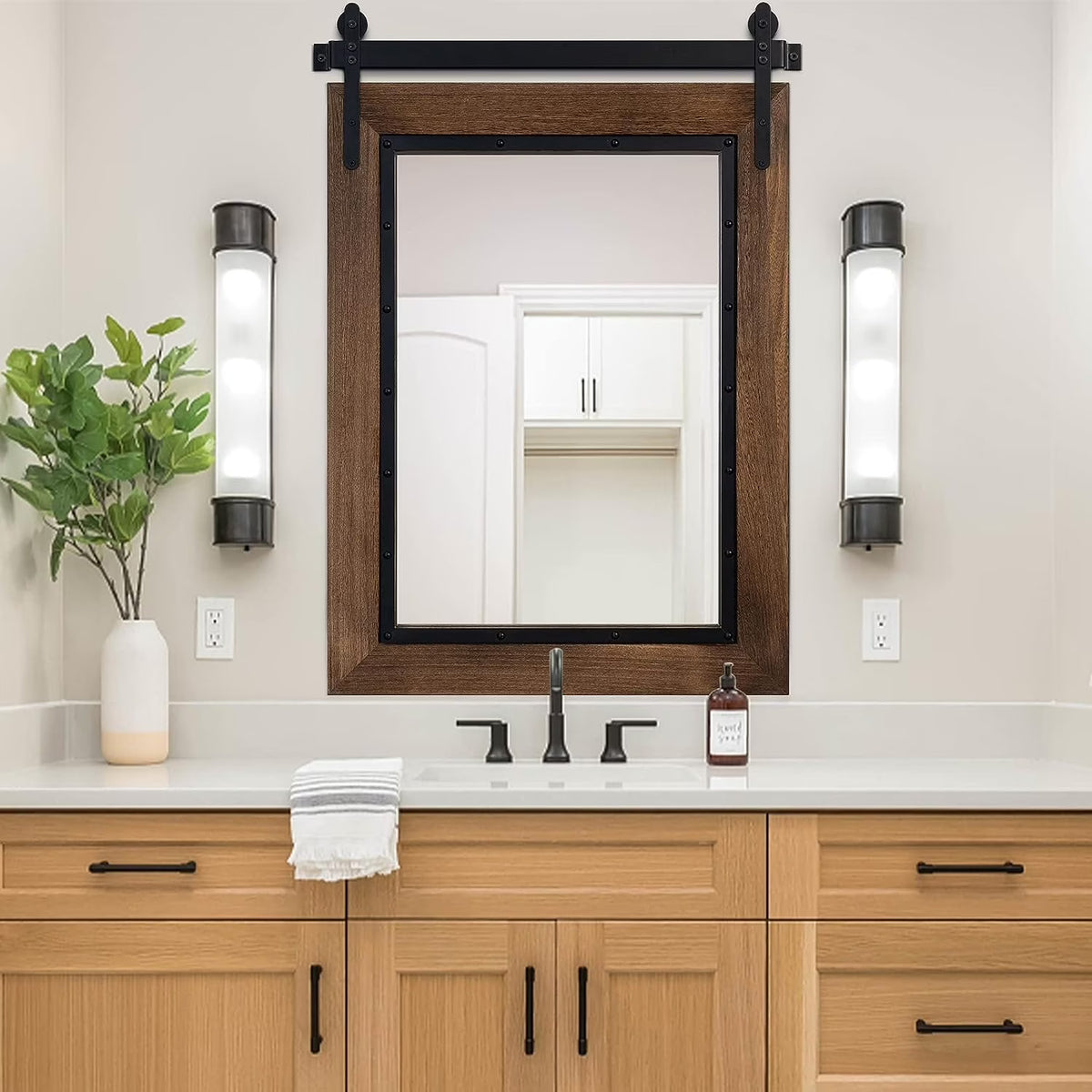 COSMOGO Farmhouse Barn Door Style Natural Wood Bathroom Vanity Wall Mirror 24"x32"