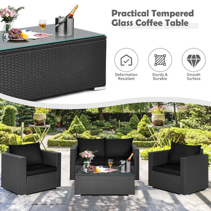 Costway 4PCS Patio Rattan Furniture Set Cushioned Sofa Chair Coffee Table Black