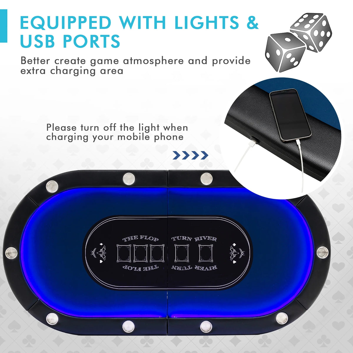 Costway Foldable, USB Ports, Led Lights 10 Player Poker Table, Blue/Black