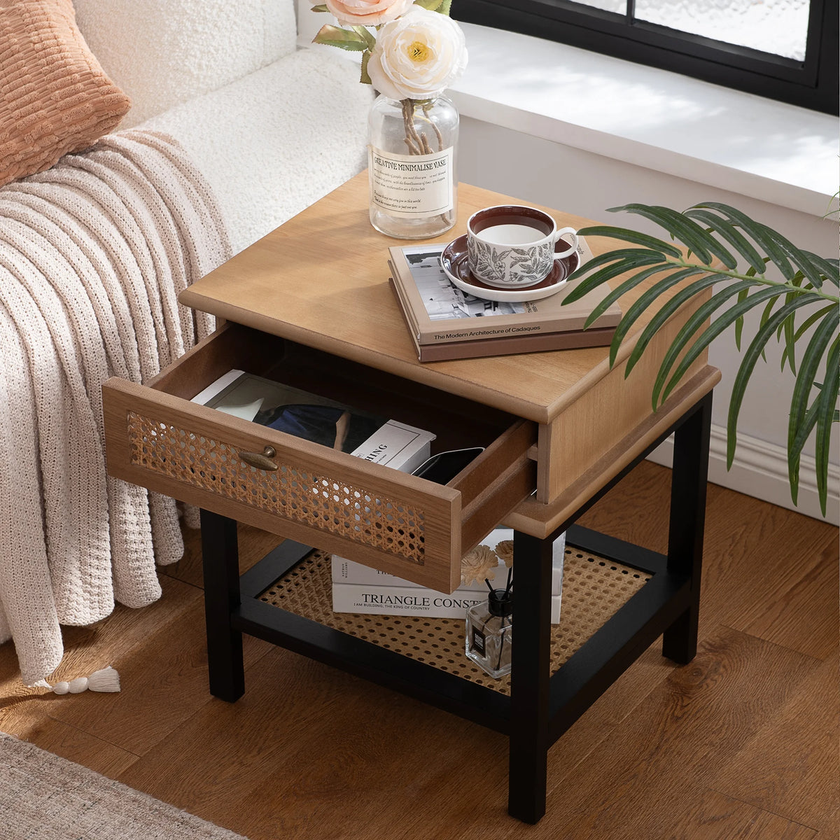 Farmhouse-style Solid Wood Crossed Legs Round Table, Boho Small Side Table with a White Top, Modern Wooden Bedside Table suitable for Bedroom, Living room, and Small Spaces, Easy to Assemble