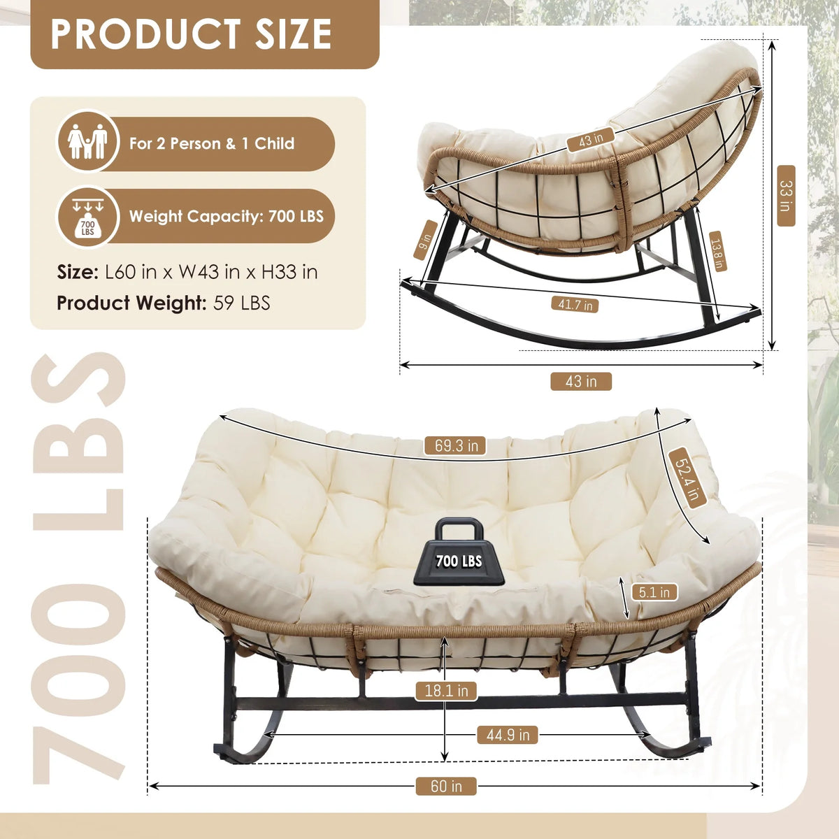 RADIATA Beige Double Outdoor Rocking Chair, 2 Person Patio Rocking Egg Chair with Thick Cushion