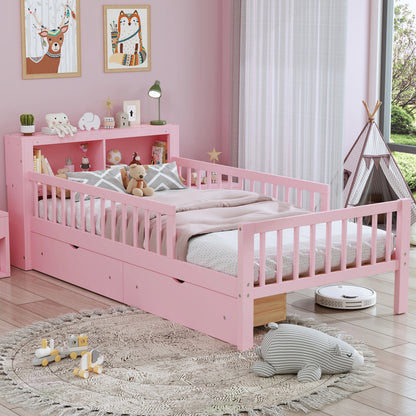 Euroco Wood Twin Size Platform Bed with Storage Headboard and Drawers, Low Profile Bed with Guardrails for Kids and Toddlers, White