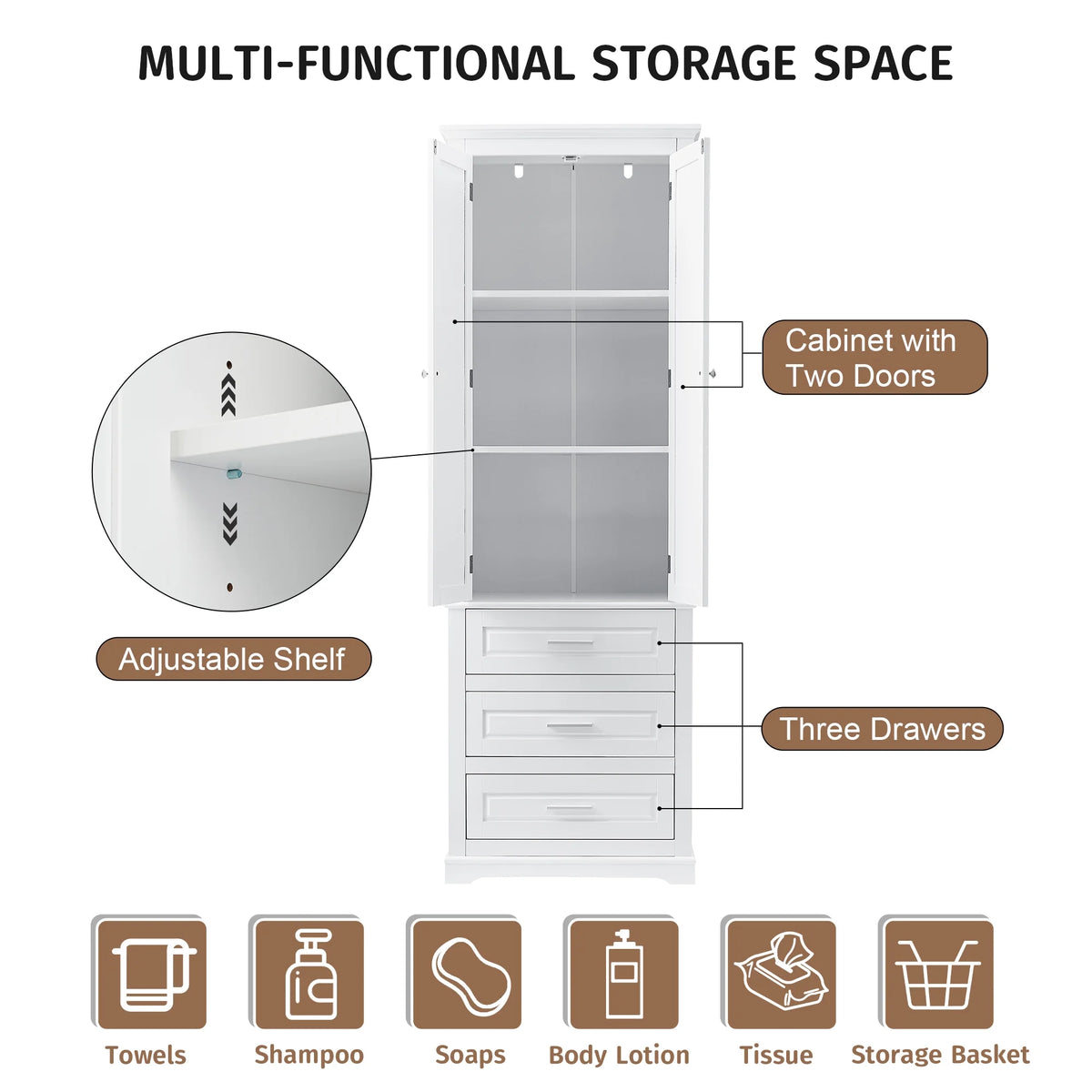Bellemave White Tall Storage Cabinet with Adjustable Shelf Bathroom Cabinet with 1 Drawer and Storage Rack Large Freestanding Wood Cabinet Storage Organizer Floor Cabinet, White