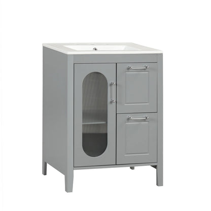Soges 24" Bathroom Vanity with Ceramic Sink, Solid Wood Bathroom Makeup Cabinet with Door, Adjustable Shelf and 2 Drawer, Free Standing Single Basin Vanity Set for Small Bathroom, White