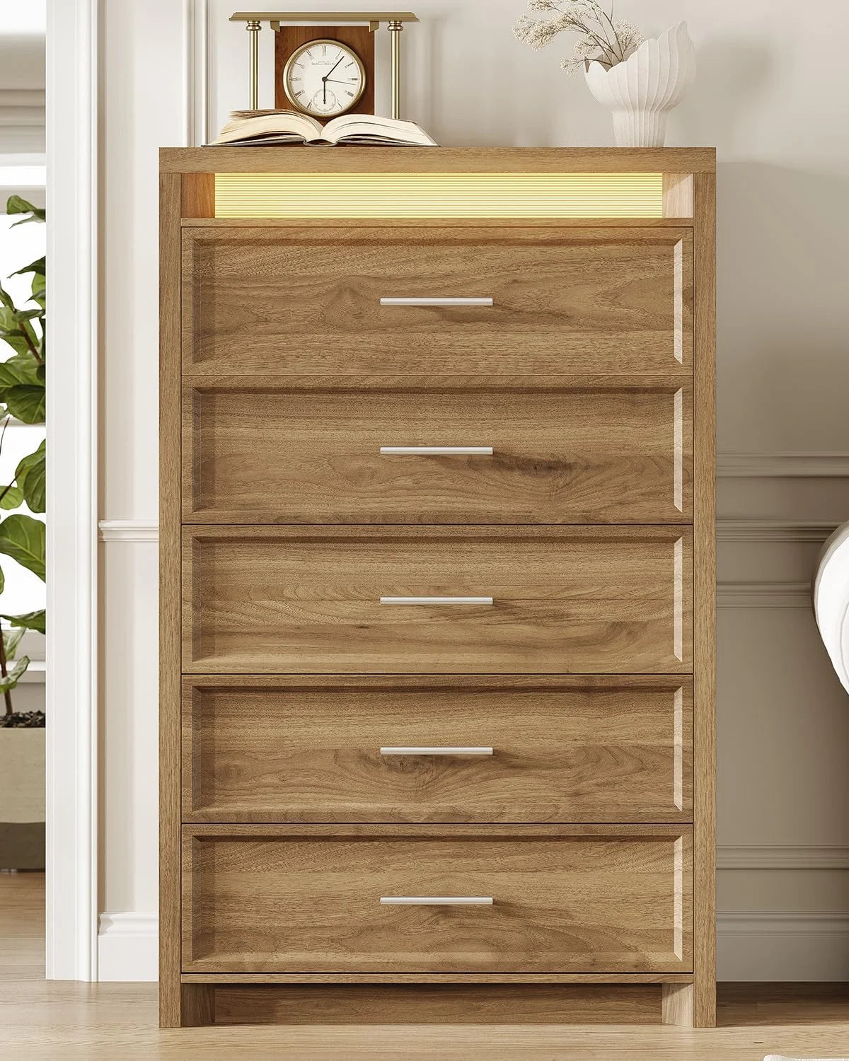 AOGLLATI Mid-Century Modern Dresser for Bedroom with 5 Drawer, Dressers& Chests of Drawers, 44.5�� Tall Wood Dresser with 3 Color Lights for Bedroom, Wood