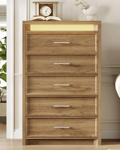 AOGLLATI Mid-Century Modern Dresser for Bedroom with 5 Drawer, Dressers& Chests of Drawers, 44.5�� Tall Wood Dresser with 3 Color Lights for Bedroom, Wood