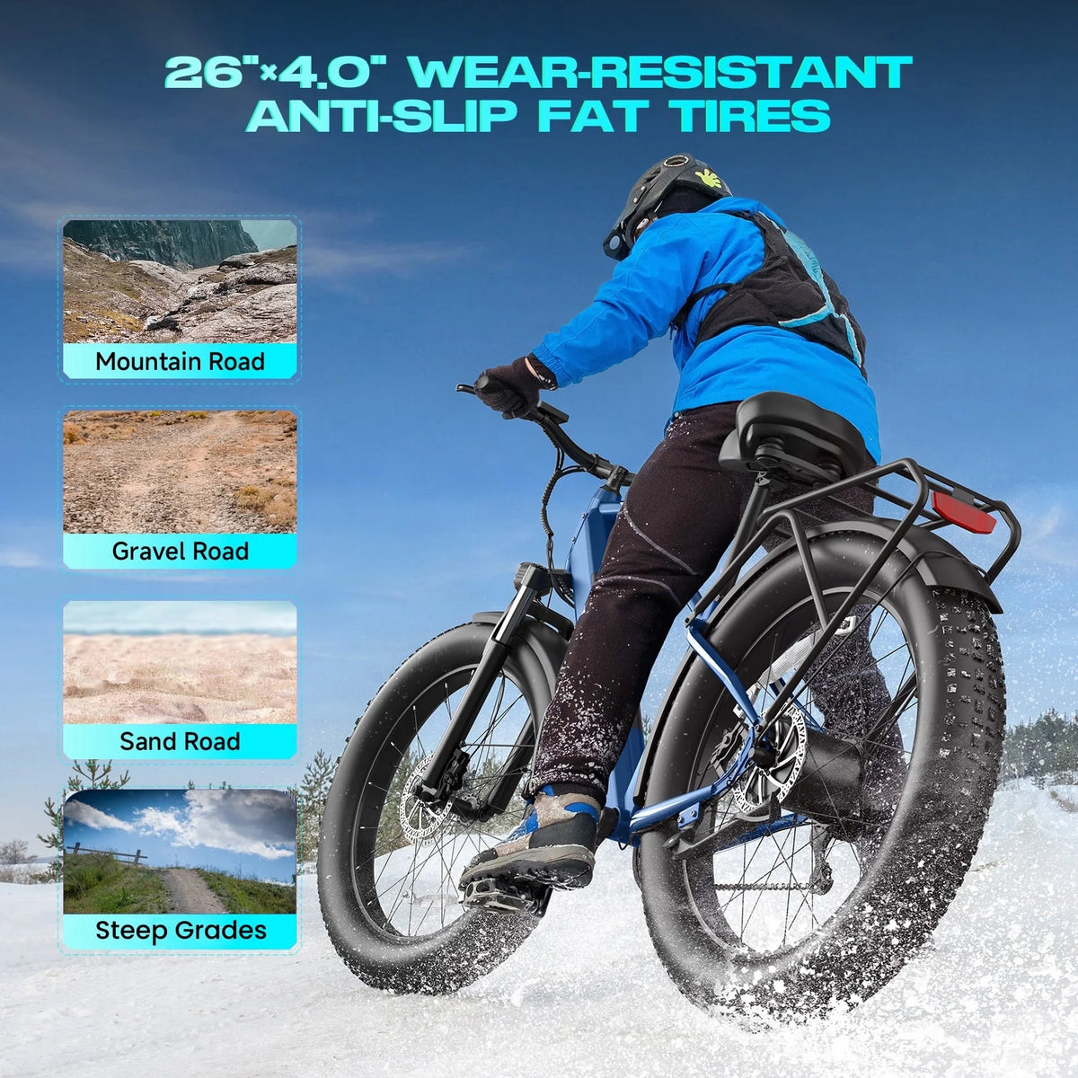 Gocio Electric Bike, 26"x4.0" Fat Tire E-Mountain Bike, Peak 1000W Motor, 28MPH 48V 15Ah Battery Removable Ebike for off Road, Sand, UL2849