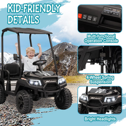 24V XL Kids Ride on Golf Cart, Electric Car w/Remote Control, Detachable Awning, 4 Seats, 3 Speeds, LED Lights, Spring Suspension, Bluetooth, Audio, Blue
