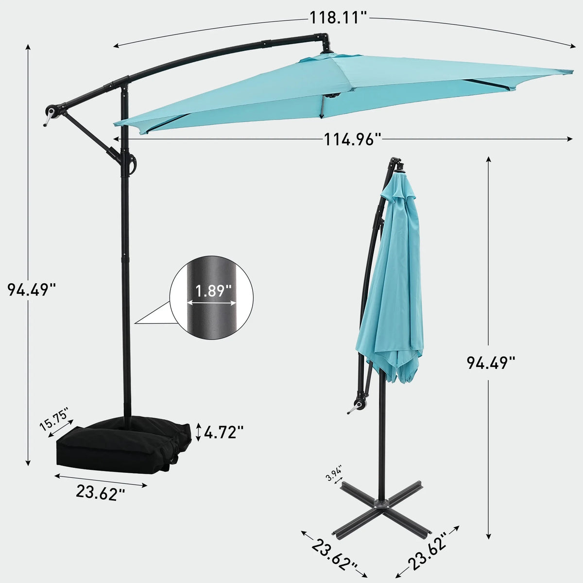 Ainfox 10ft Cantilever Patio Umbrella with Lights, Offset Market Umbrella with Sandbags Weighted Base and Cross Base,Khaki