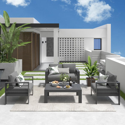 CozyHom 5 Pcs Outdoor Patio Aluminum Furniture Sofa Sets, Outside Patio Conversation Couch Sets With Table&Cushions for Garden Porch, Gray