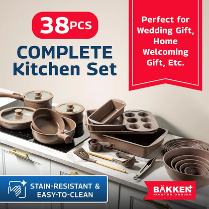 Bakken Master 38 Piece Granite Cookware and Bakeware Set �C Nonstick Granite Coating, Pots and Pans with Detachable Handles and Tempered Glass Lids, 6-piece Bakeware set, 12-piece Mixing Bowls,Brown