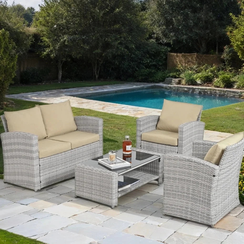 HighSound 4 Piece Patio Furniture Set, Outdoor Wicker Patio Sectional Sofa, All Weather PE Rattan Outdoor Sectional with Cushions & Coffee Table, Dark Gray