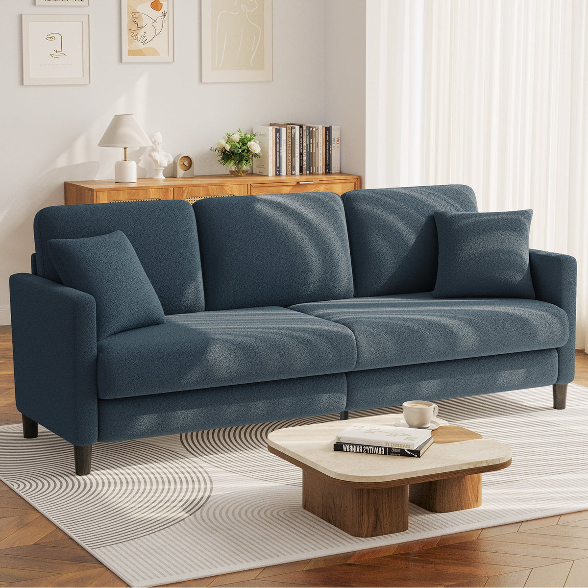 83" Comfortable Upholstered Sofa, 3 Seater Couch for Living Room, Neche Big Loveseat with Extra Deep Seats , 2 Pillows, Beige White