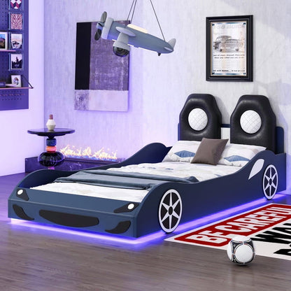 Bellemave Race Car Bed with LED Lights, Twin Size Bed Frame for Boys Kids Toddler Bed, Wooden Platform Racing Car Bed with Upholstered Backrest Headboard, No Box Spring Needed（White)