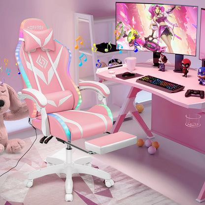 Hoffree Gaming Chair with Speakers PU Leather Office Chair with Footrest and LED Lights Ergonomic Gamer Chair with Massage Lumbar Support and Headrest Adjustable Swivel for Home Office 300lb