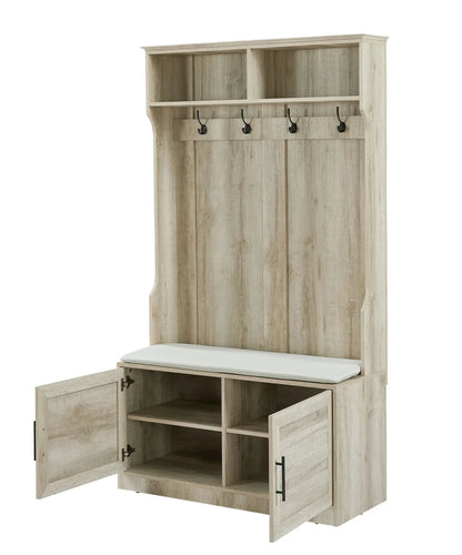 Entryway Hall Tree with Storage Bench, Wooden Coat Rack with Sponge Pad and 4 Dual Hooks, Storage Shelf Organizer with 2-Door Cabinet for Entryway, Bedroom, Easy to Assemble