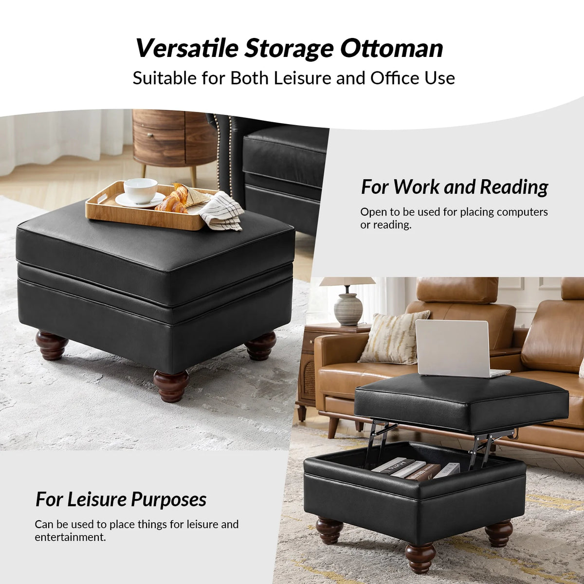 36'' Wide Blue Round Large Ottoman Tufted Coffee Table with Storage Wood Legs Home Living Room