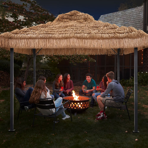 Ainfox 10x10 Thatched Tiki Pavilion Gazebo, Patio Gazebo with Straw Thatch Roofing, Hawaiian Style Steel Frame