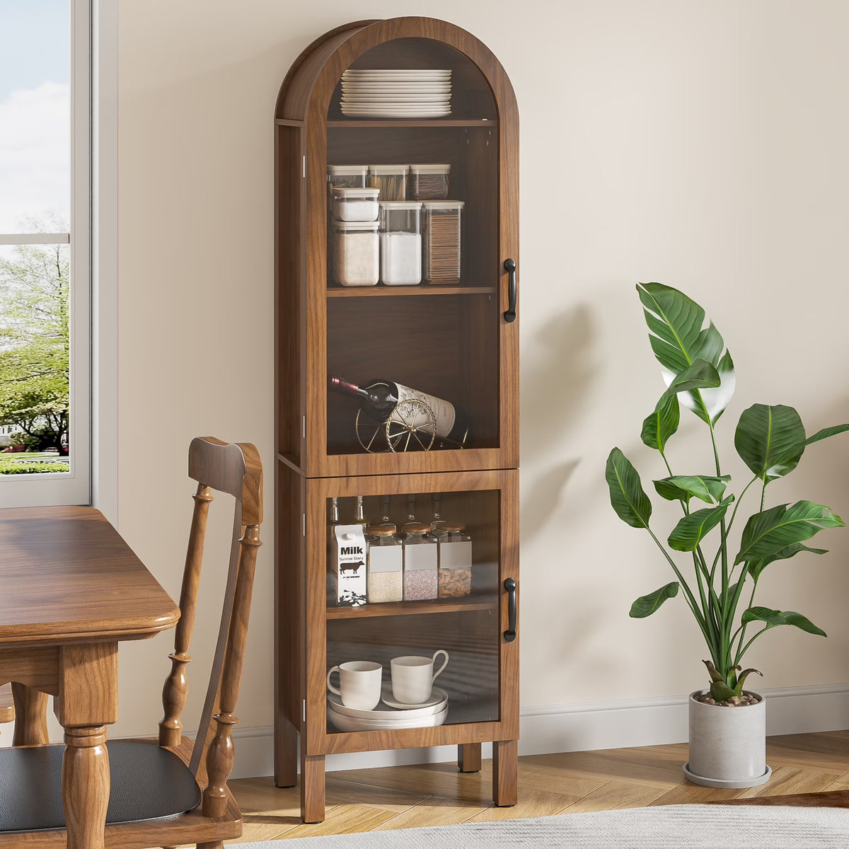 Tall Arched Storage Display Cabinet 5-Shelf with Acrylic Glass Doors, Kitchen Pantry Storage Cabinet Accent Cabinet Bookcase for Living Dining Room