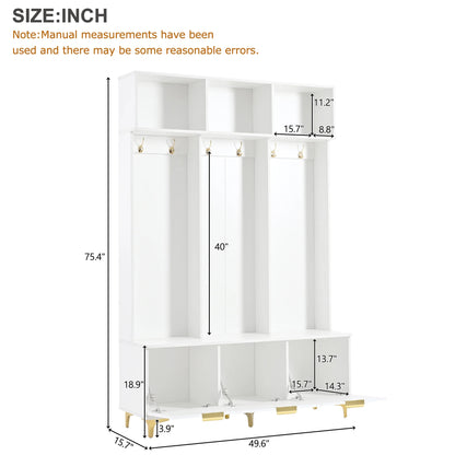 Euroco Modern Hall Tree with High Gloss Fluted Doors, Gold Accents, Shoe Storage & Bench a?? Entryway Organizer with Cubbies and Coat Hooks