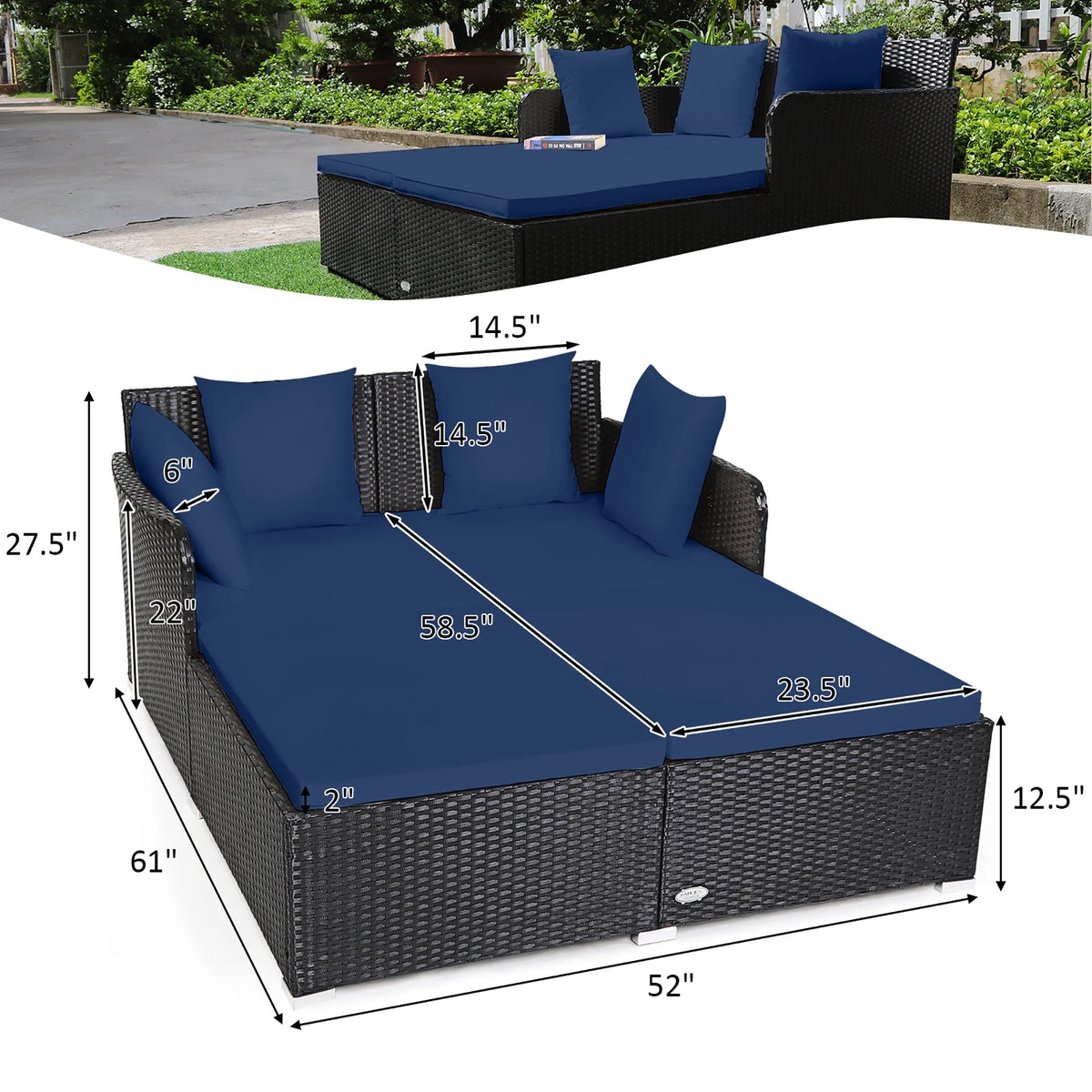 Costway Outdoor Patio Rattan Daybed Pillows Cushioned Sofa Furniture Beige