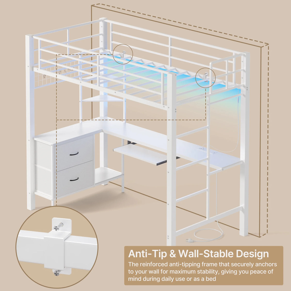 Lofka Twin Loft Bed with L-Shaped Desk, RGB Lights & Charging Station, 400lb Capacity Metal Frame, 3 Shelves & 2 Drawers, Easy Assembly��White