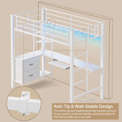 Lofka Twin Loft Bed with L-Shaped Desk, RGB Lights & Charging Station, 400lb Capacity Metal Frame, 3 Shelves & 2 Drawers, Easy Assembly��White