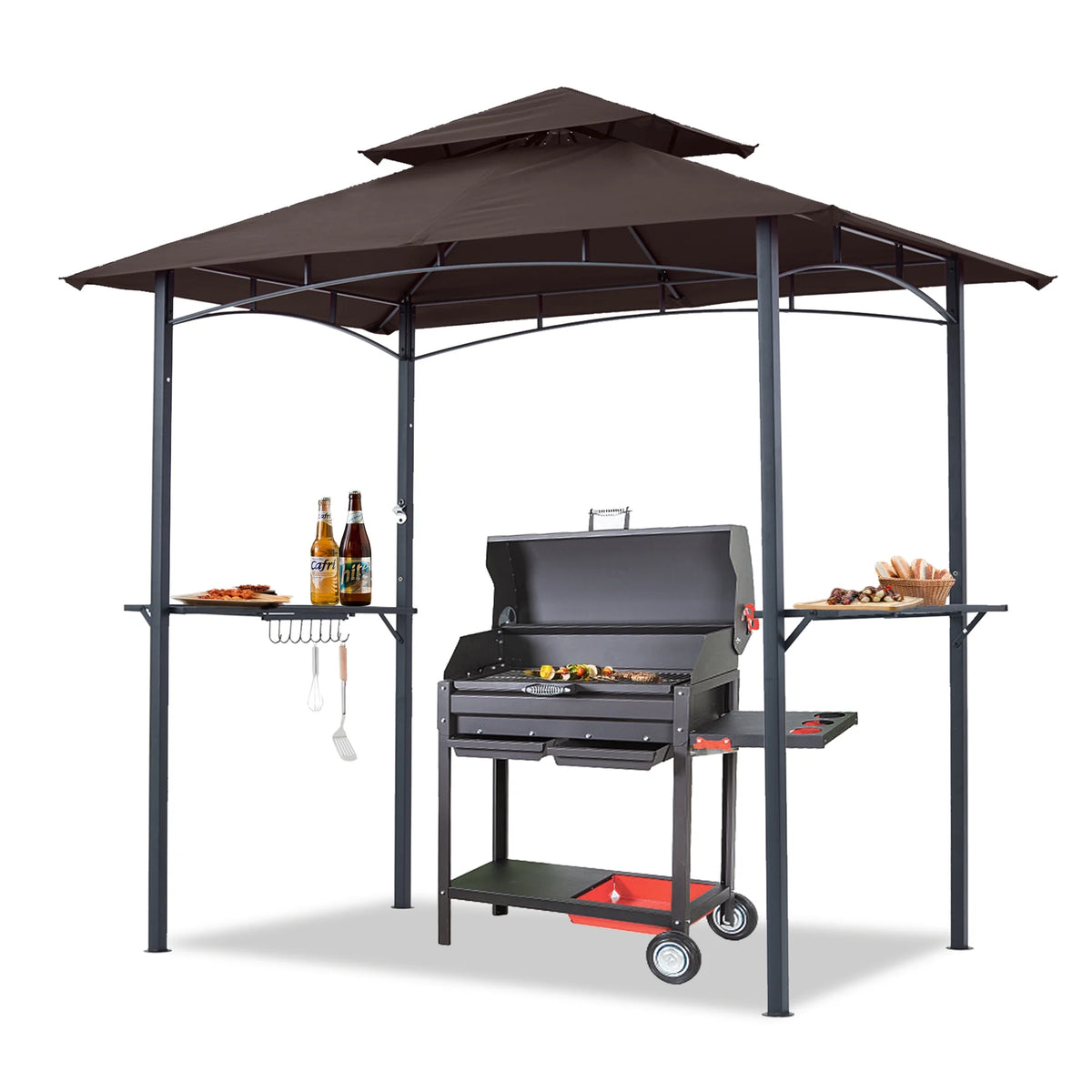 ABCCANOPY 8'x 5' Grill Gazebo Shelter, Double Tier Outdoor BBQ Gazebo Canopy with LED Light(Brown)