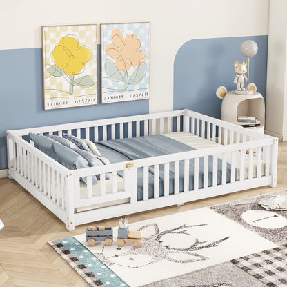Bellemave Full Size Floor Bed with Door and Fence Floor Bed with Bed Slats Sturdy Wood Floor Bed Montessori Bed Frame (Full, Pink)