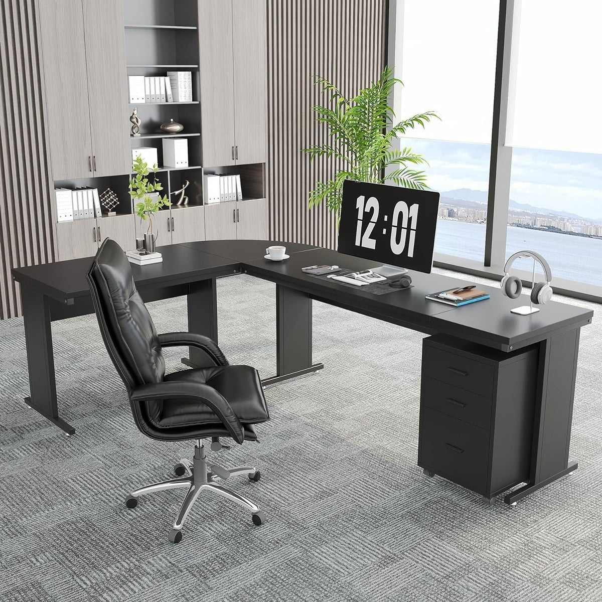 83" L-Shaped Executive Desk, Large L Office Desk with 3-Drawer Mobile File Cabinet, Business Furniture Desk Workstation Brown
