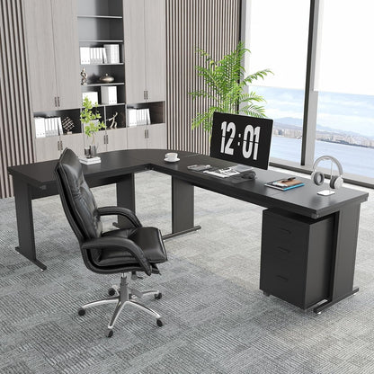 83" L-Shaped Executive Desk, Large L Office Desk with 3-Drawer Mobile File Cabinet, Business Furniture Desk Workstation Brown