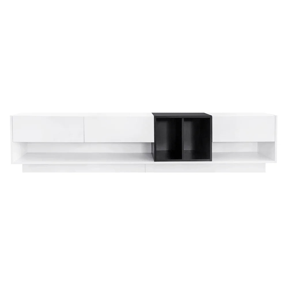 Modern TV Stand for 80 Inch TV, ON-TREND Sleek Two-Tone Media Console, Functional Storage Cabinet with Open & Hidden Compartments, Particle Board, Living Room Furniture, White