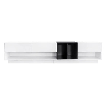 Modern TV Stand for 80 Inch TV, ON-TREND Sleek Two-Tone Media Console, Functional Storage Cabinet with Open & Hidden Compartments, Particle Board, Living Room Furniture, White