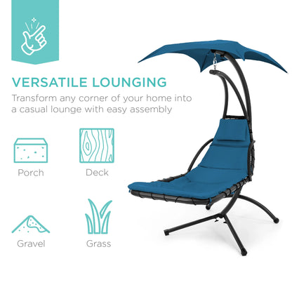 Best Choice Products Hanging Curved Chaise Lounge Chair Swing for Backyard, Patio w/ Pillow, Shade, Stand - Teal