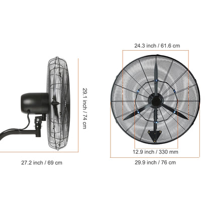 VEVOR Wall-Mount Misting Fan Oscillating Metal Fan 24.3'' 3 Speed Waterproof