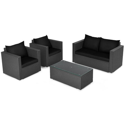 Costway 4PCS Patio Rattan Furniture Set Cushioned Sofa Chair Coffee Table Black