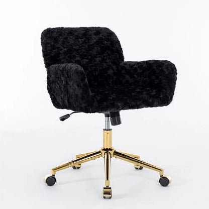 Fluffy Desk Chair,Height Adjustable Vanity Chair with Wheels,Comfortable Faux Fur Desk Chair with goldenn Base, Arm Chair for Bedroom,Living Room,Vanity,Office