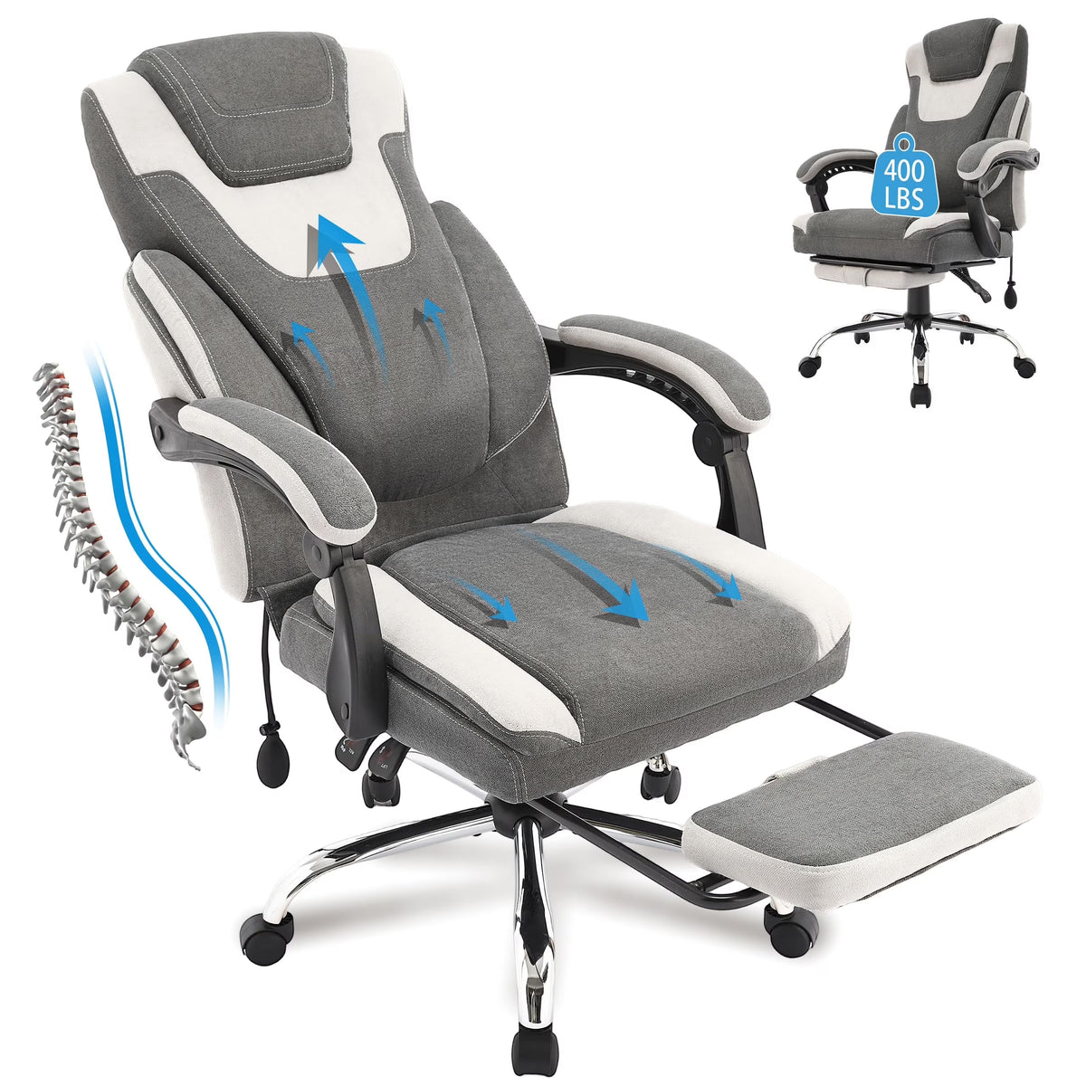 JONPONY Big and Tall Office Chair 400lbs, Executive Reclining Office Chairs with Footrest, High Back Home Office Chair Thick Padded Armrests, Ergonomic Adjustable Lumbar Support, PinkWhite