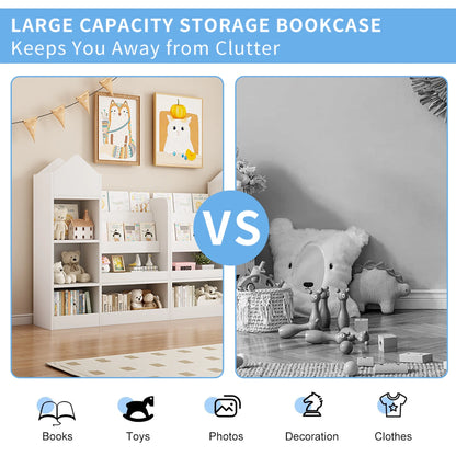 PORKISS Bookshelf for Kids, Wood Kids Bookcase with Toy Storage Organizer, Freestanding Book Shelf with 6 Compartments and 2 Baskets Bins for Kids Bedroom, Nursery, Playroom, Natural
