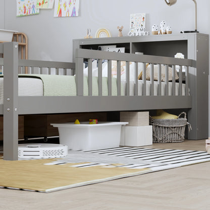 Euroco Wood Twin Size Platform Bed with Storage Headboard and Drawers, Low Profile Bed with Guardrails for Kids and Toddlers, White