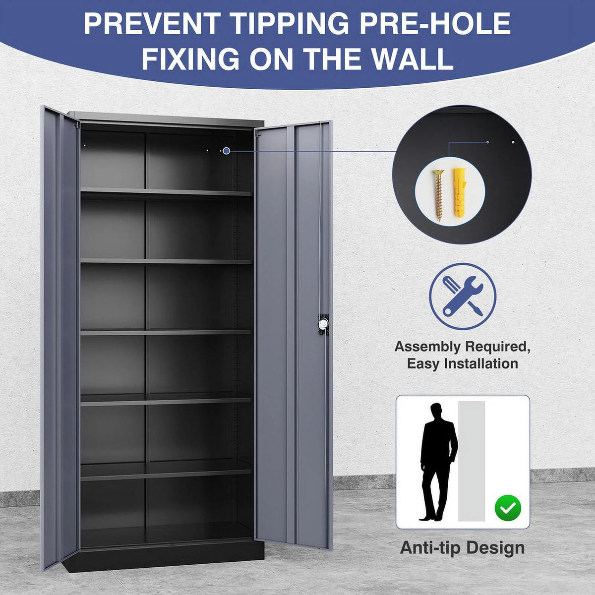 Fesbos Metal Garage Storage Cabinet,71" H Tall White Cabinet with 2 Doors and 5 Adjustbale Shelves,Lockable Tool Cabinet for Garage, Basement, Home Office