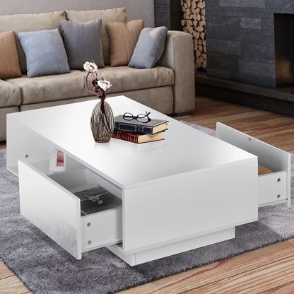 Hommpa LED Coffee Table Modern Side Tables High Gloss Black Cocktail Table with 2 Drawers Open Shelf for Living Room