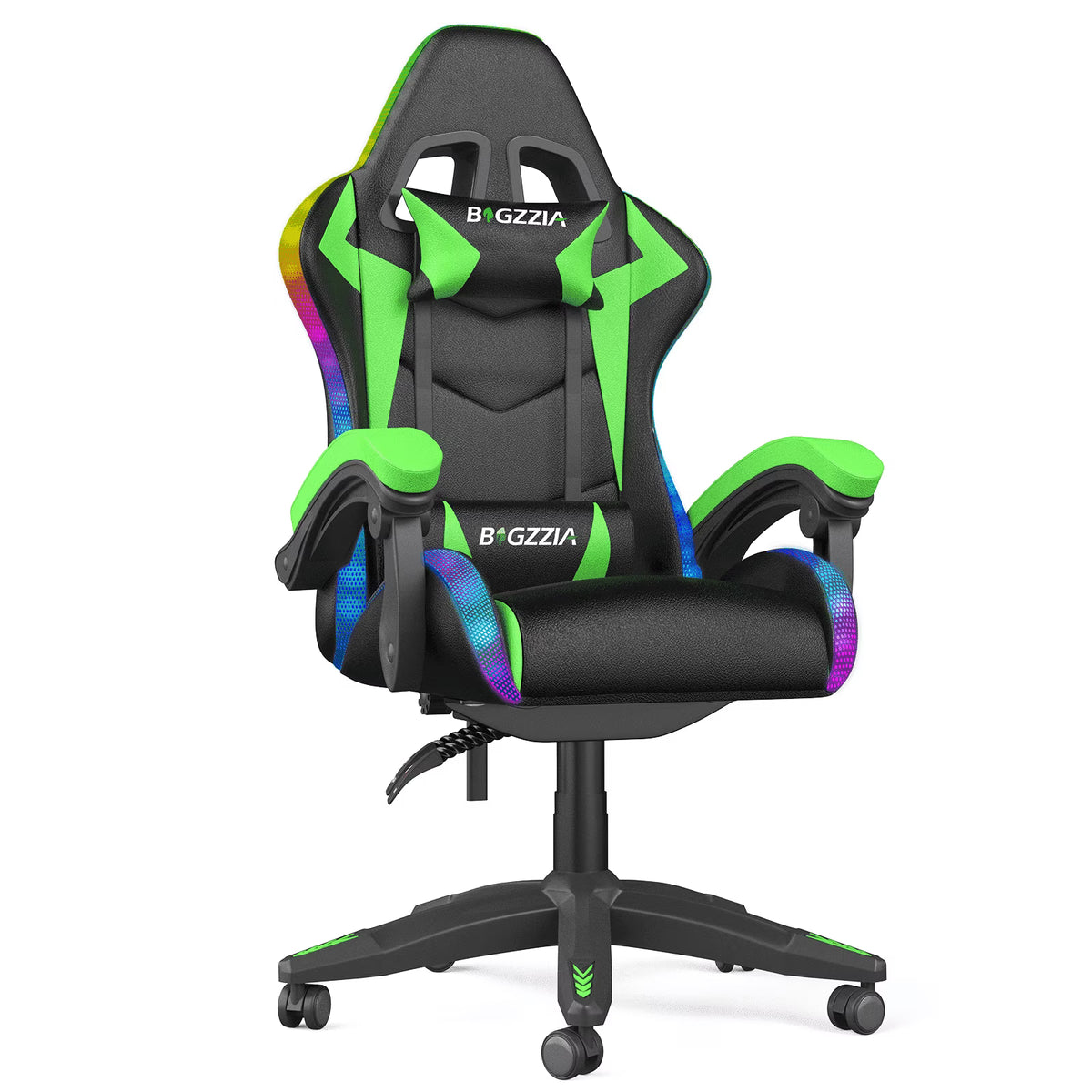 Bigzzia Gaming Chair with LED Lights Ergonomic Office Chair for Adults and Kids - Adjustable Height, 360�� Swivel, Headrest Support, Mesh PU Leather, Black & Green