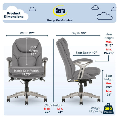 Serta Back in Motion Technology Fabric Executive Office Chair, Light Gray