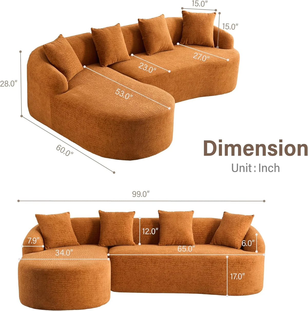 Loveseat Sectional Sofa for Living Room, 65’�?Modern Luxury Plush Chenille Extra Deep Seat Curved Cloud Floor Couch with 3 Throw Pillows for Small Spaces, No Assembly Needed, Sapphire Blue