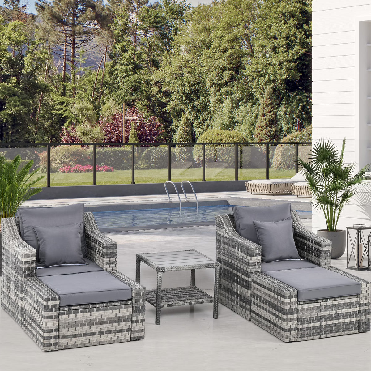 Outsunny 5 Piece Patio Furniture Set, All Weather PE Rattan Conversation Chair & Ottoman Set w/ Table, Cushions & Pillows Included, Beige