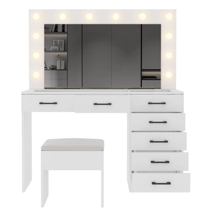 Ktaxon Large Makeup Vanity, Vanity Table Set w/ Visible Glass Top w/ Charging Station, White