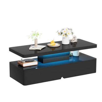 Oneinmil Modern Stylish Coffee Table with 12 Colors LED Lights, Double-Layer Design for Living Room, Black High Gloss Acrylic