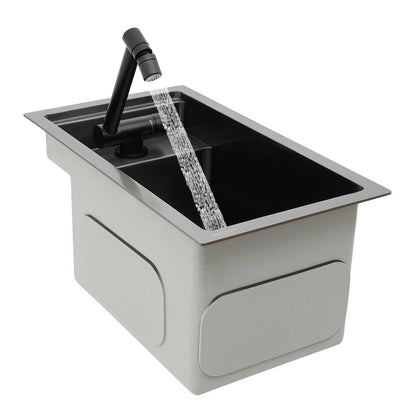 Modern Drop in Bar Sink, Single Bowl Kitchen Sink with Foldable Faucet, Black Nano 304 Stainless Steel Utility Sink for Compact Kitchen Commercial Hotel RV Laundry