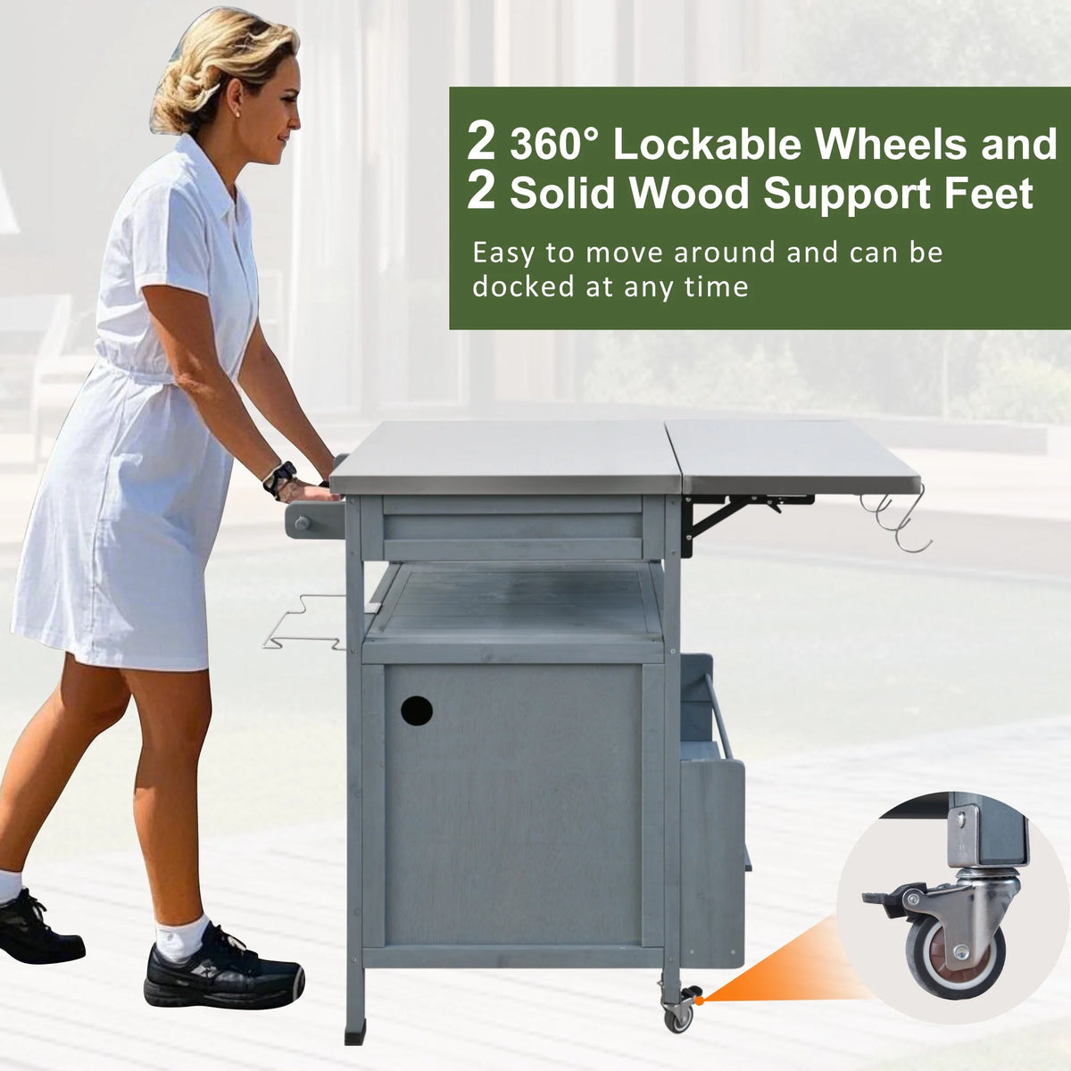 Bellemave Outdoor Serving Cart Kitchen Island Solid Wood Mobile Rolling Bar Cart with Lockable Wheels, Rack and Stainless Steel Top Beverage Storage Counter Table with Cabinet for Patio, Natural